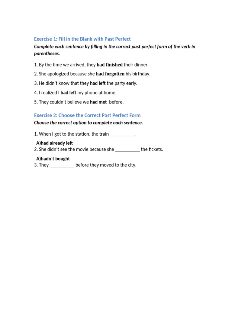 Past Perfect Tense Exercises | PDF | Perfect (Grammar) | Linguistics