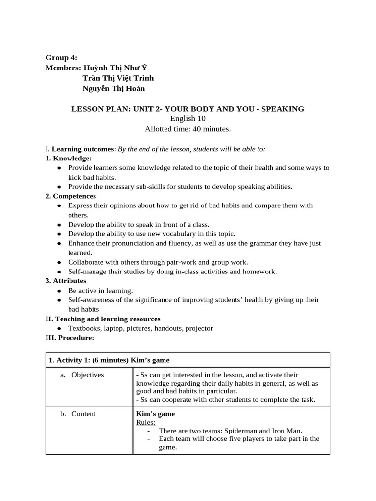 Speaking Lesson Plan Gr4 | PDF | Learning | Human Communication