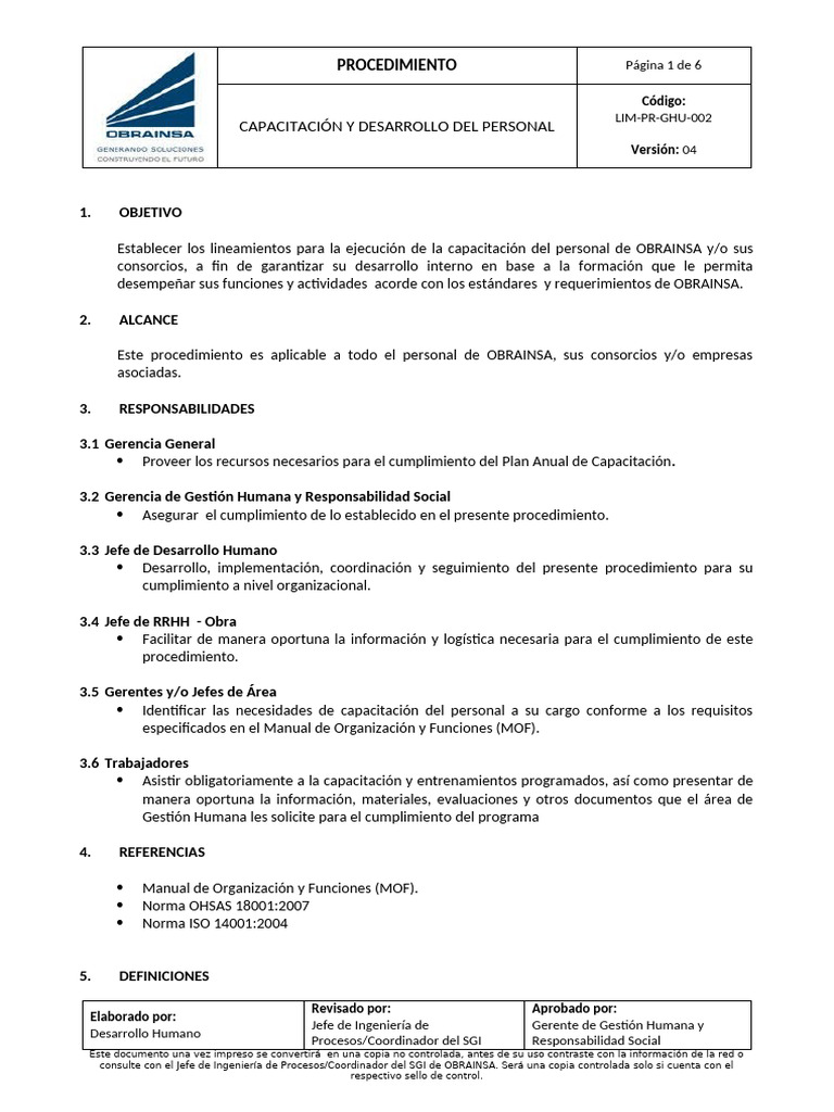 LIM-PR-GHU-002 V04 Capacitación y Desarrollo de Personal | PDF ...