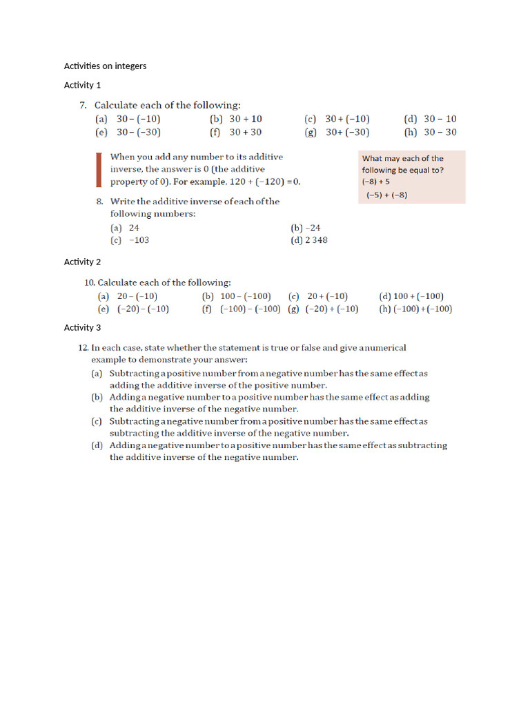 Activities On Integers | PDF