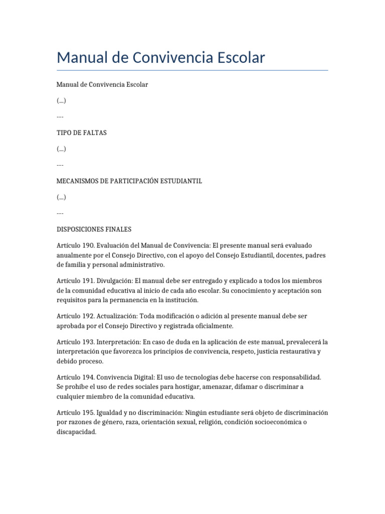 Manual de Convivencia Escolar 2023 | PDF