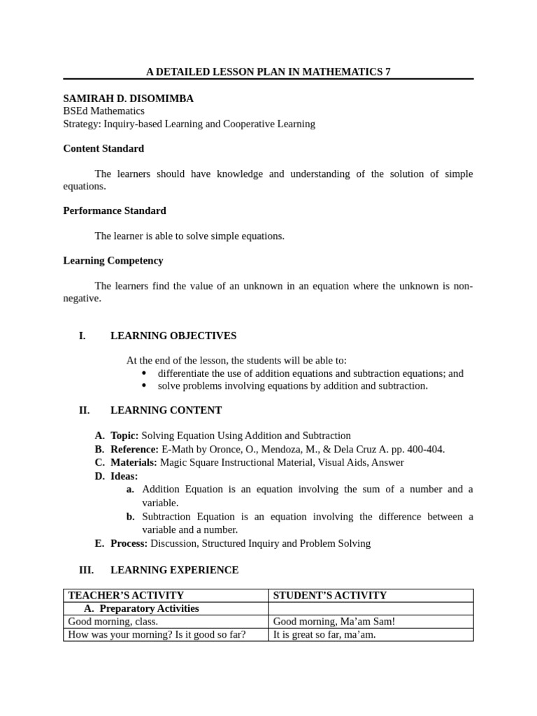 A Detailed Lesson Plan in Mathematics 7 PRE DEMO 2 | PDF | Equations ...