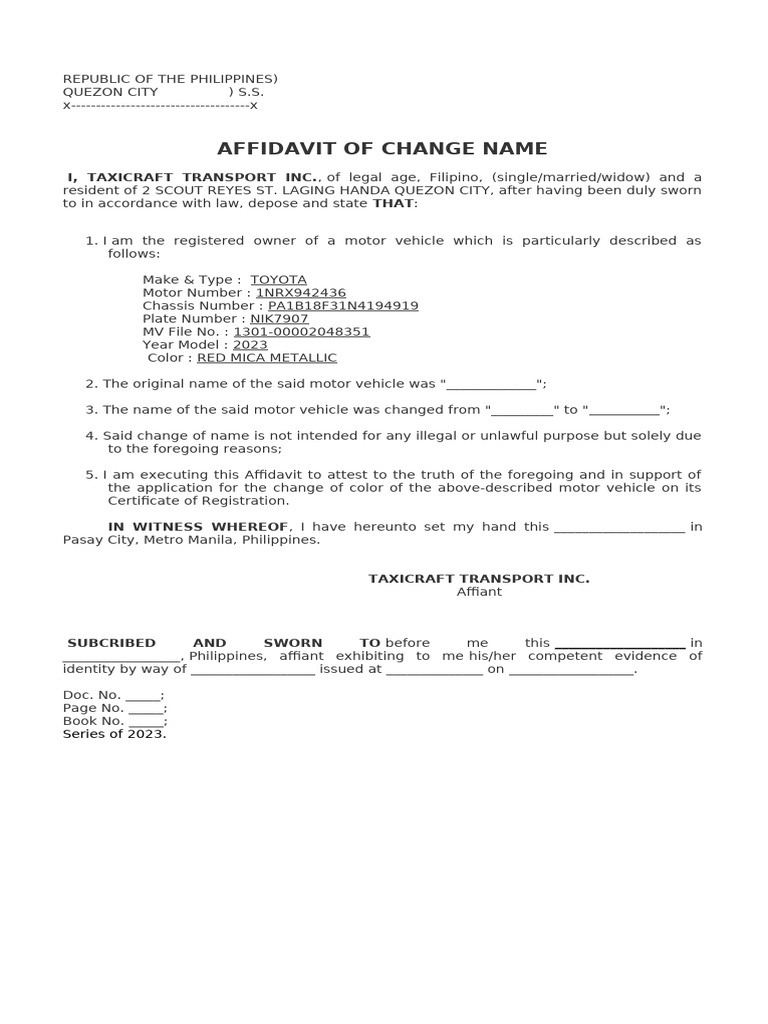 Affidavit for Vehicle Name Change | PDF