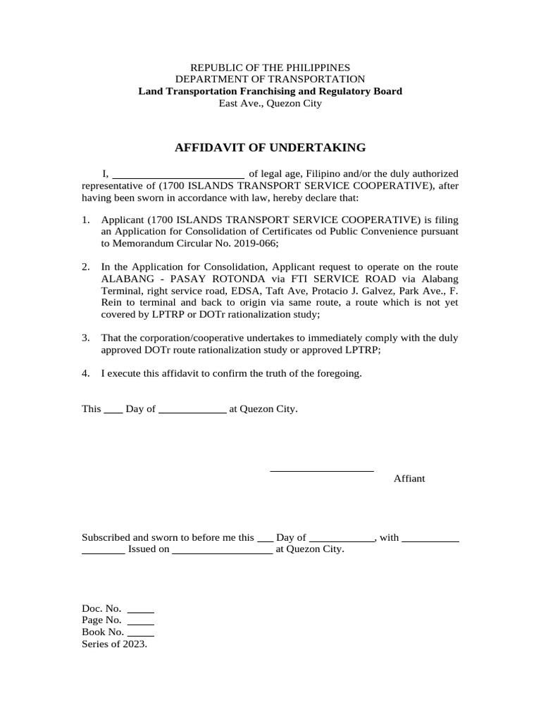 Affidavit for Route Consolidation Application | PDF