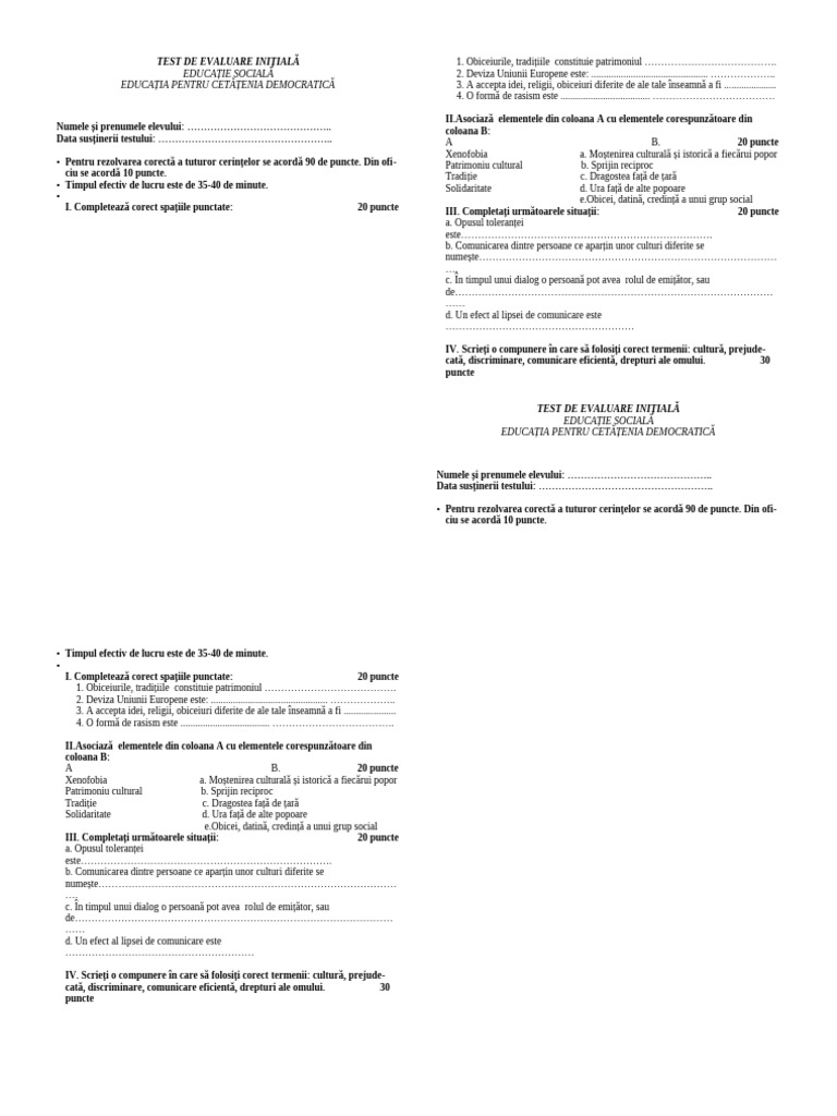 Test Initial Clasa A VII-a | PDF