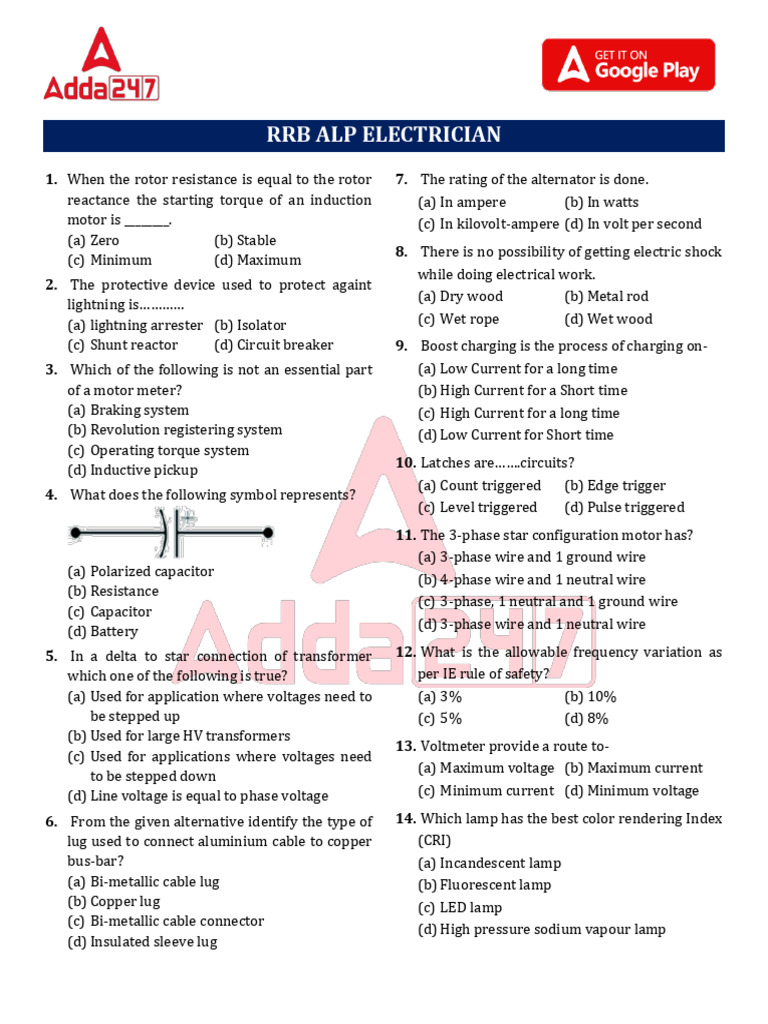 RRB ALP Electrician 1 | PDF | Electric Motor | Electrical Engineering