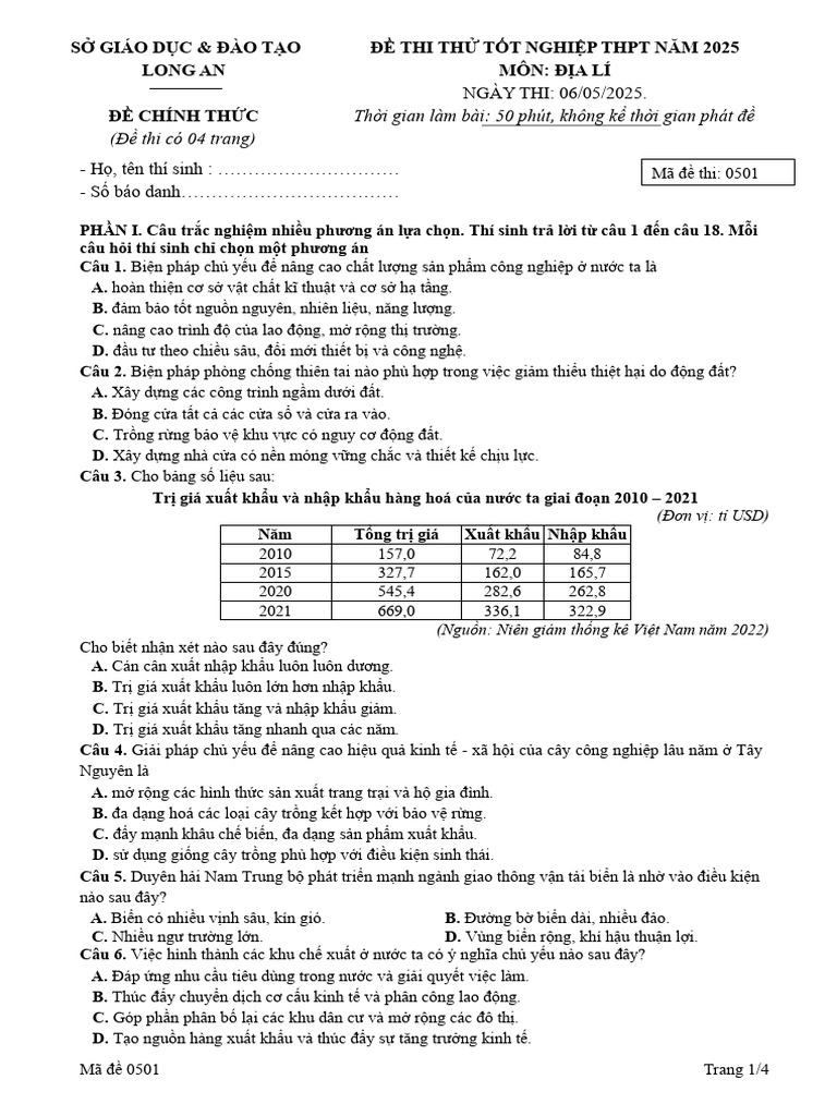 Thi TH TN 2025 - DL - Ma - de - 501 | PDF