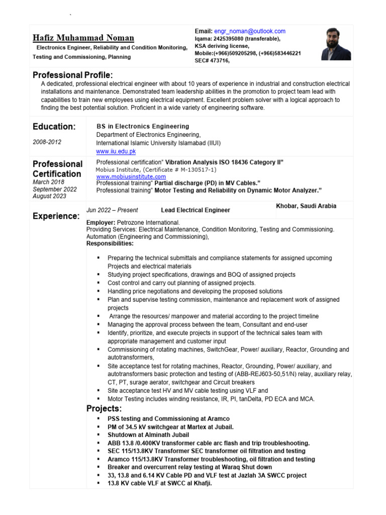 Hafiz Noman: Electrical Engineer Profile | PDF | Reliability Engineering