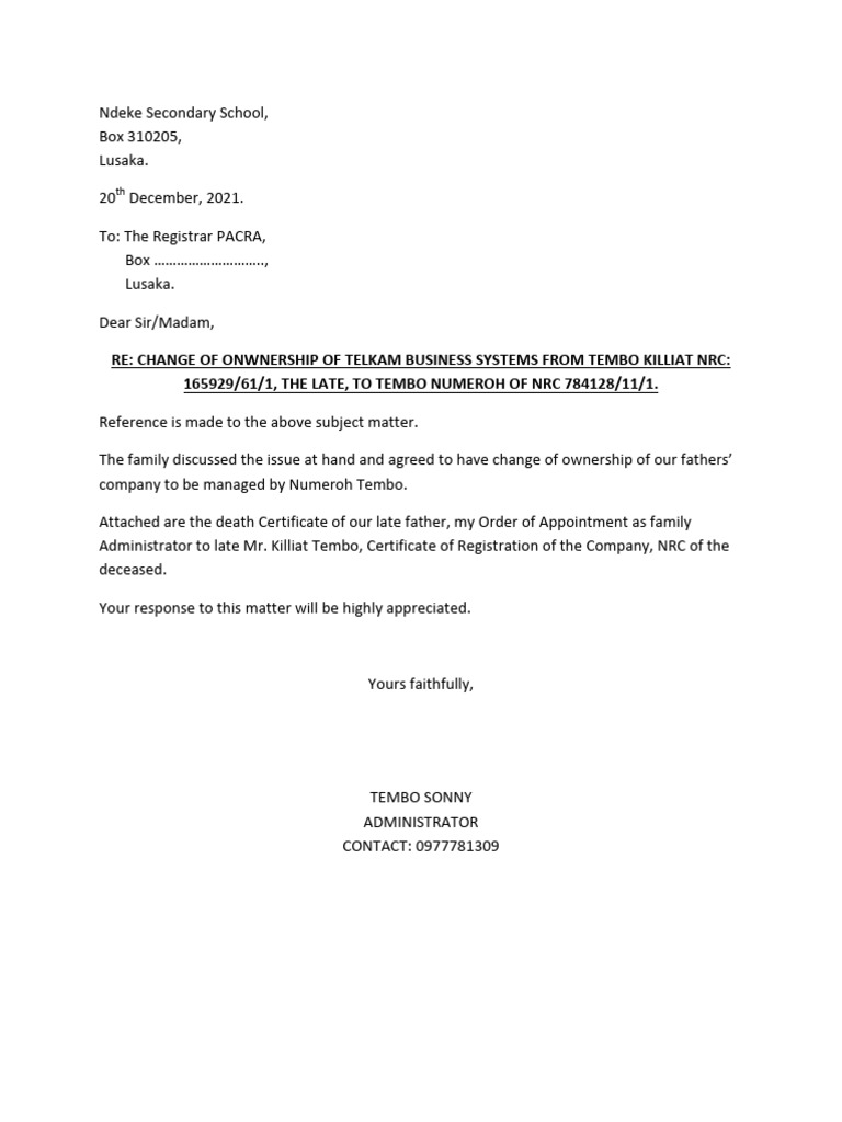 Change of Ownership Application for Telkam | PDF