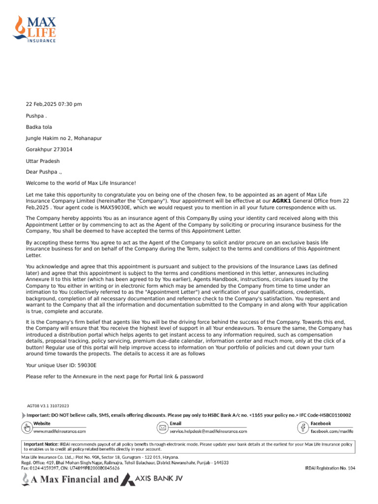 Max Life Insurance Agent Appointment Letter | PDF | Insurance | Indemnity