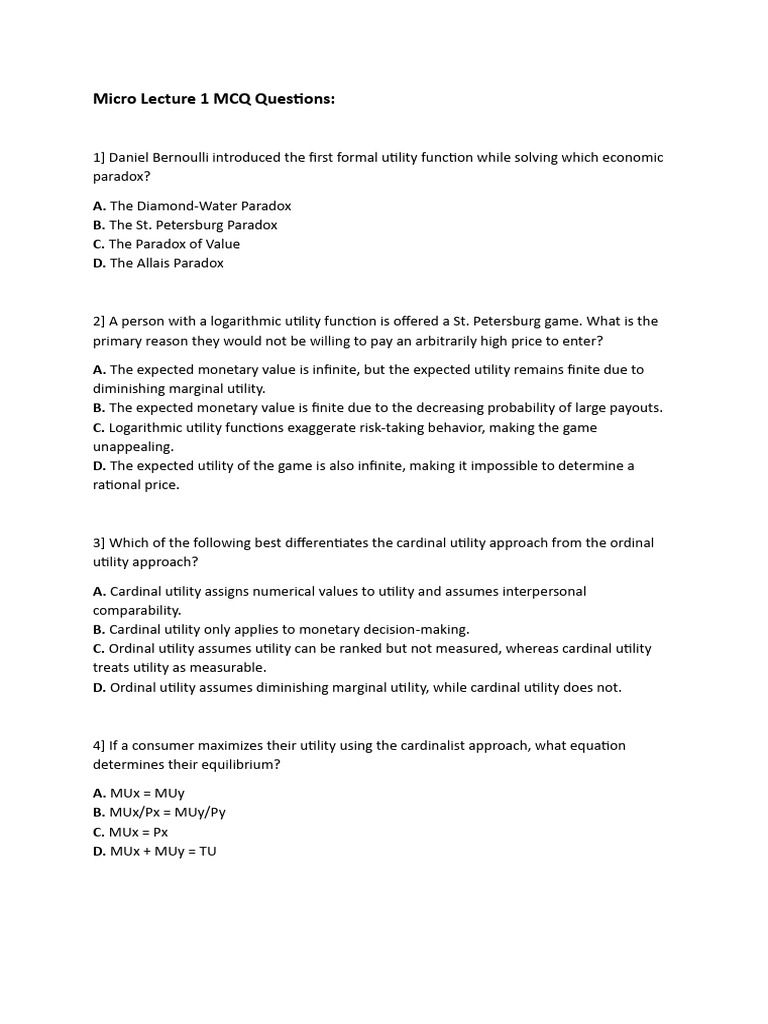 Utility Theory MCQs and Concepts | PDF | Utility | Marginal Utility