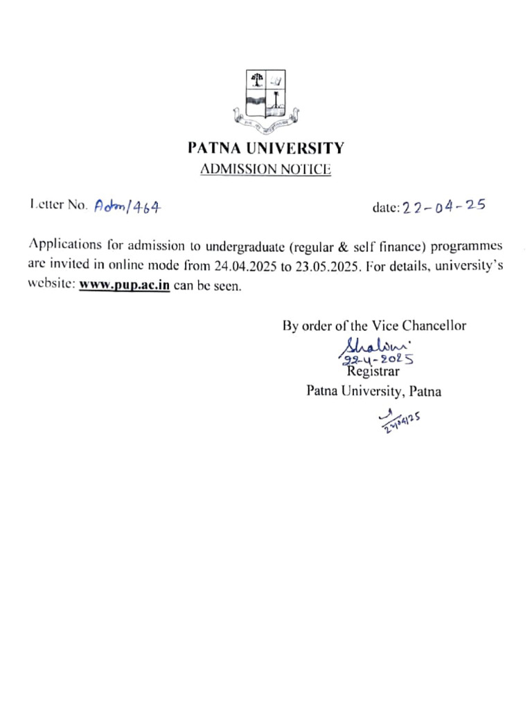 Notice For Admission in UG (Regular & Self Financing) 2025 | PDF