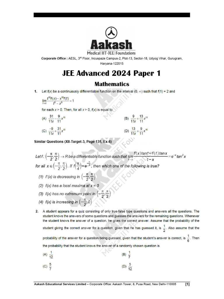 Aakash Educational Services Questions Guide | PDF | Mathematics