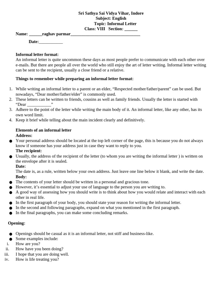 Informal Letter Writing Guide for Class 8 | PDF