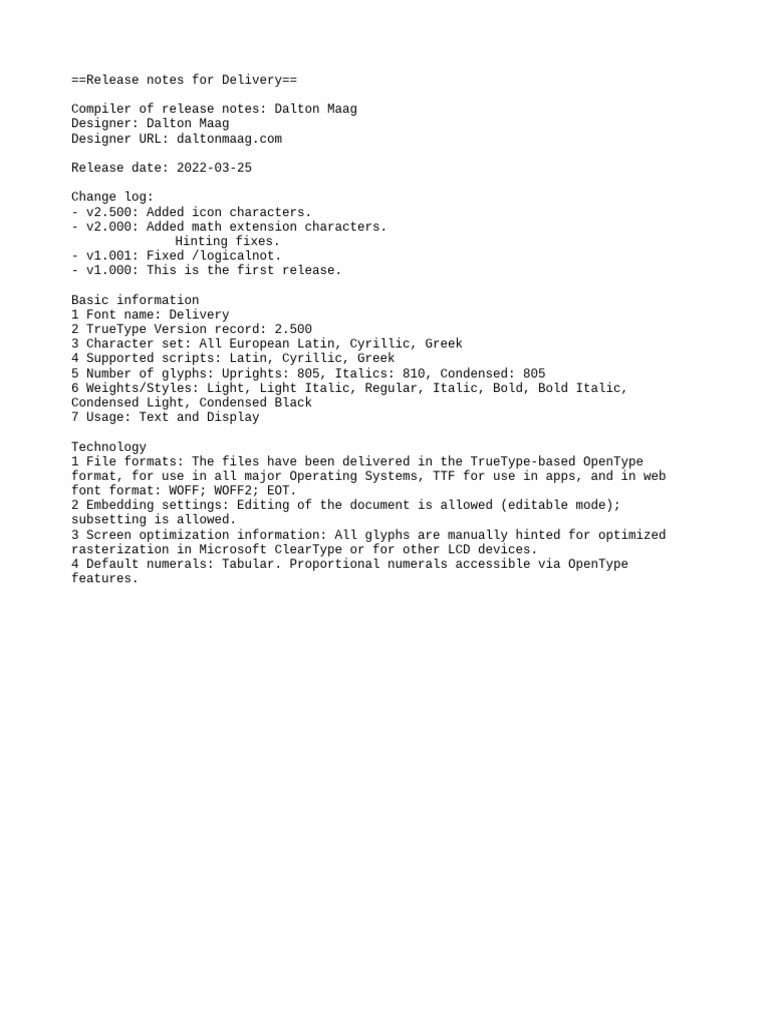 Delivery Font Release Notes v2.500 | PDF