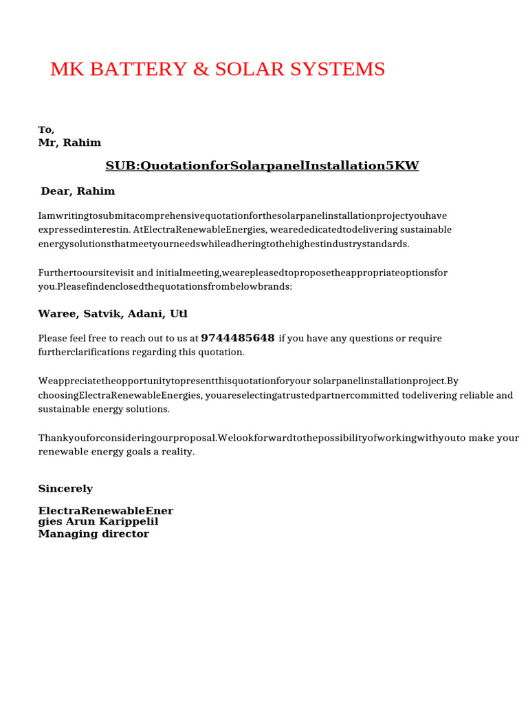 Solar Panel Installation Quotation 5KW | PDF | Sustainable Technologies ...