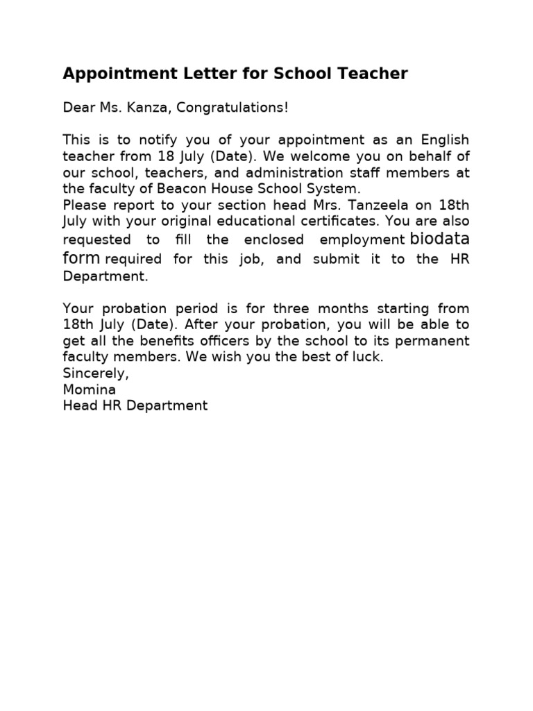 Appointment Letter For School Teacher A | PDF