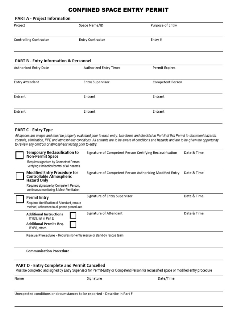 Confined Space Entry Permit Template | PDF | Occupational Safety And ...