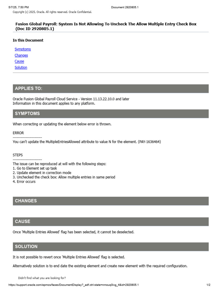 Fusion Payroll: Uncheck Multiple Entries Issue | PDF