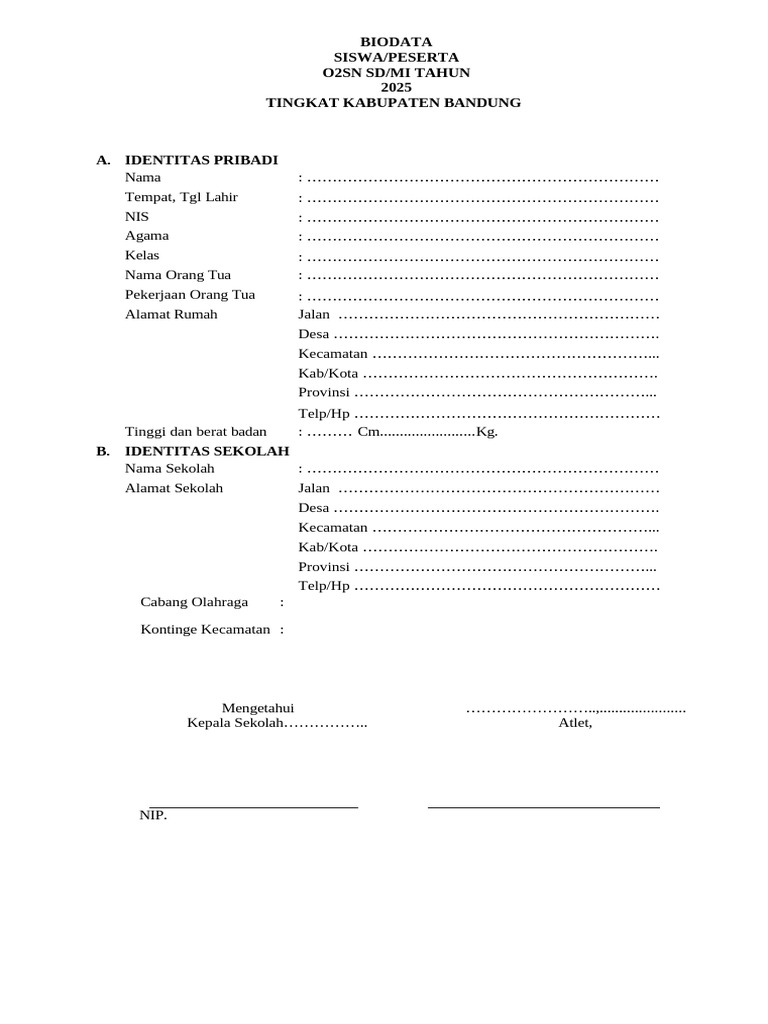 Biodata Peserta O2SN SD 2025 Bandung | PDF