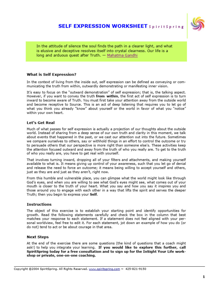 Self Expression Worksheet Guide | PDF | Truth | Attention