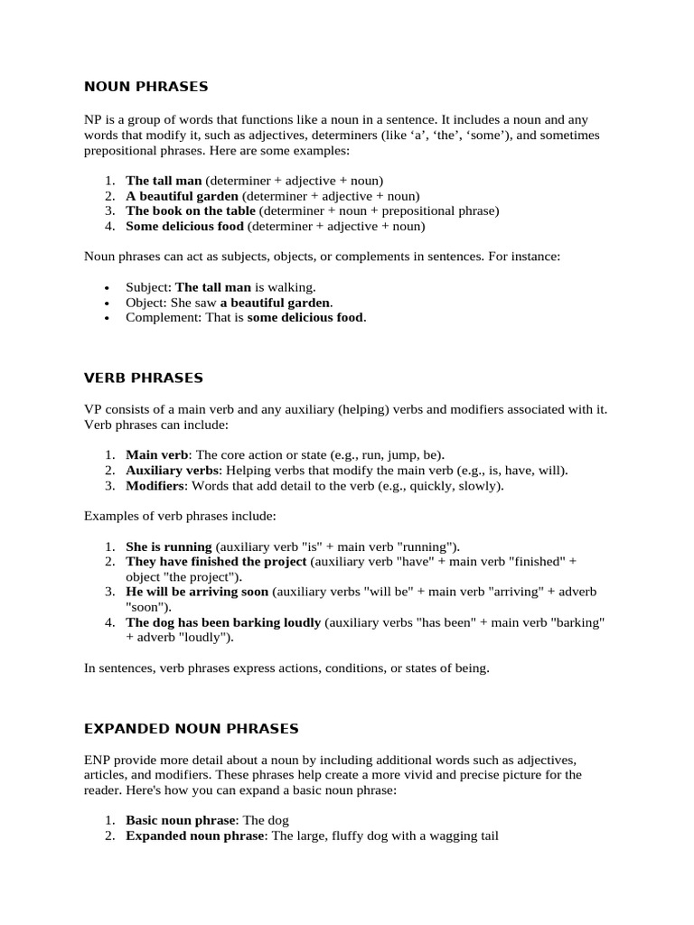Noun and Verb Phrase Overview | PDF | Verb | Adverb