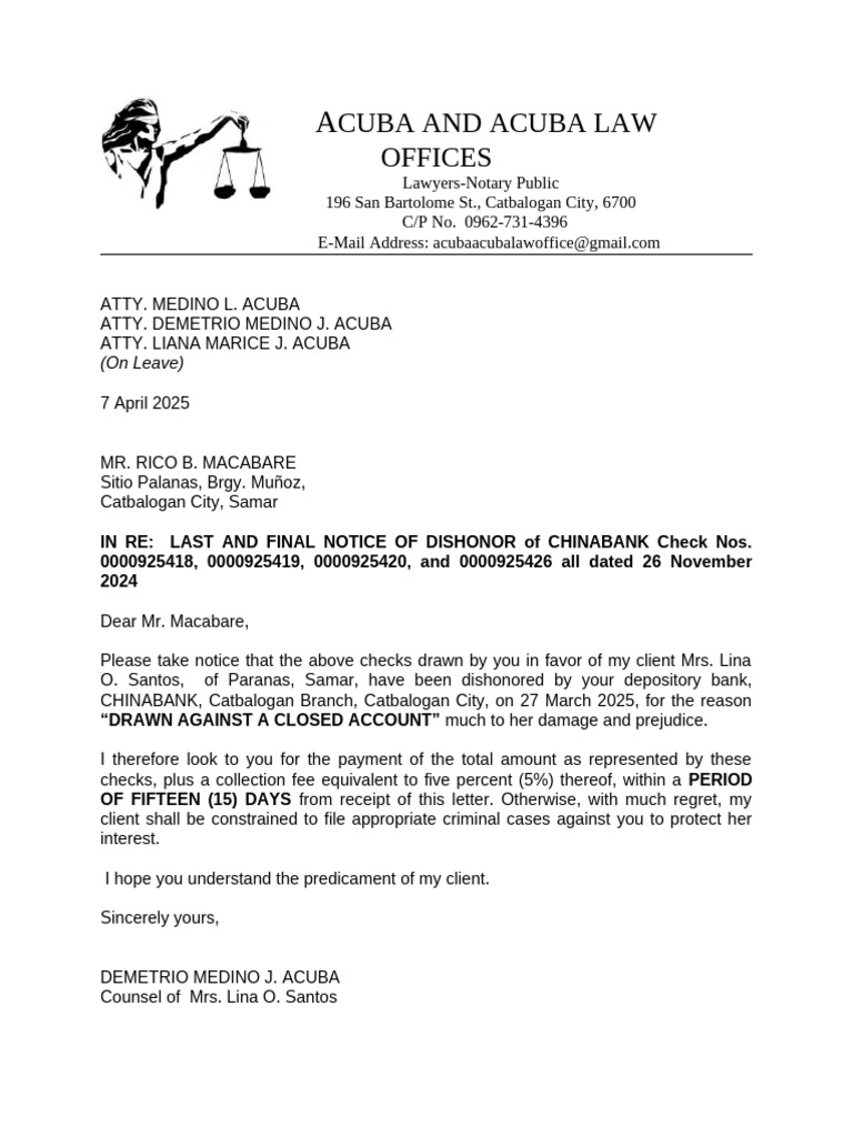 Last Notice of Dishonor for Bounced Checks | PDF