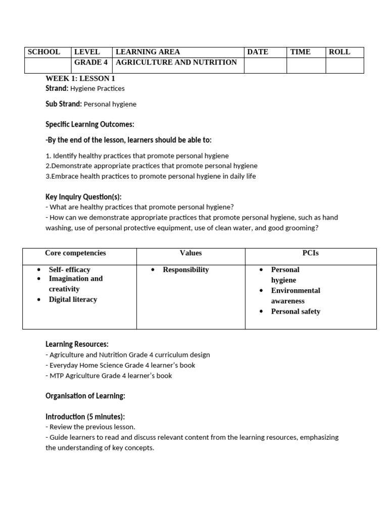 Grade 4 Personal Hygiene Lesson Plans | PDF | Learning | Curriculum