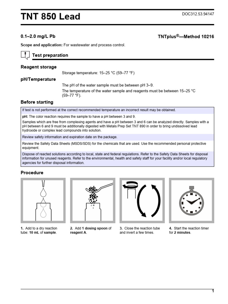 TNT 850 Lead Test Procedure Guide | PDF | Ph | Chemical Reactions