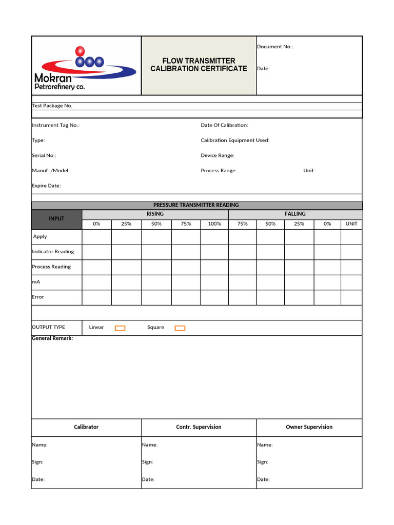 Calibration Form-FLOW TRANSMITTERS | PDF