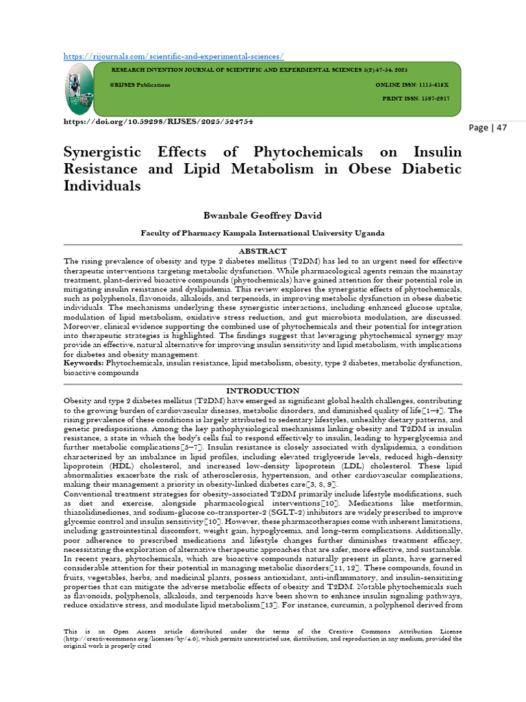 Synergistic Effects of Phytochemicals On Insulin Resistance and Lipid ...