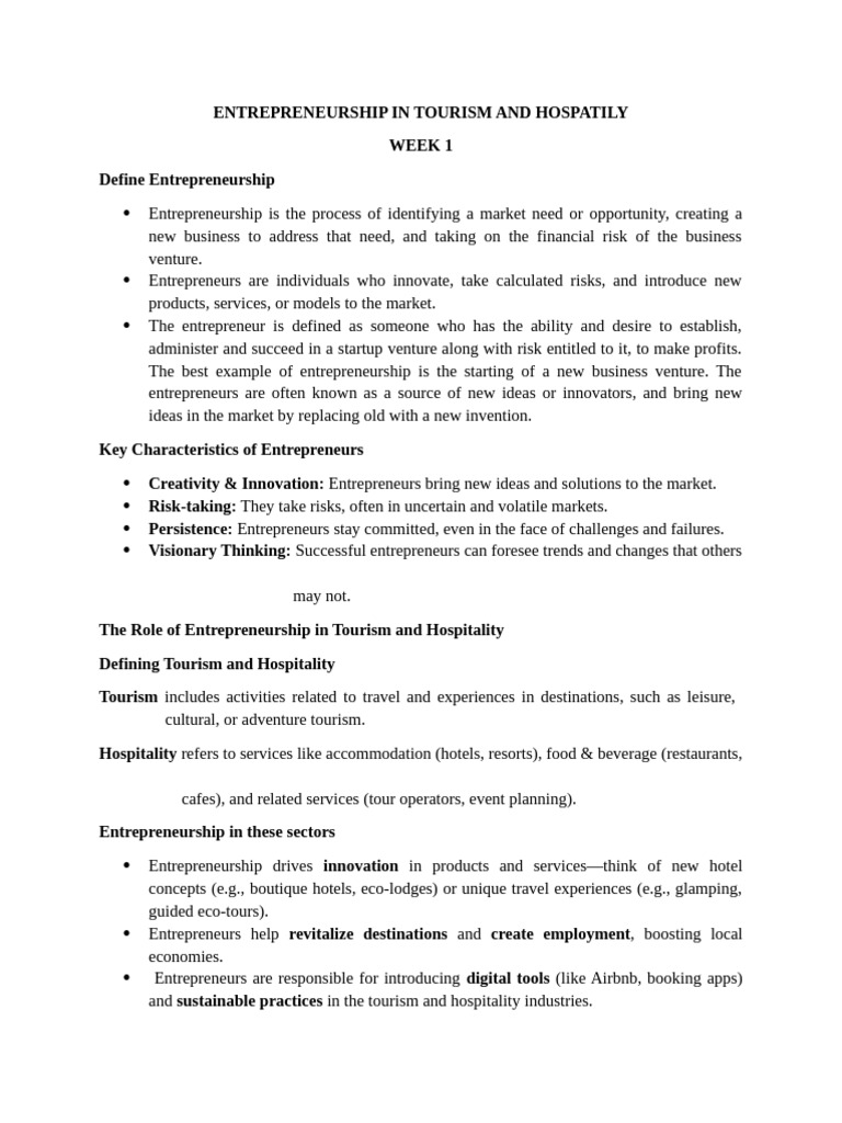 Entrepreneurship in Tourism & Hospitality | PDF | Entrepreneurship ...