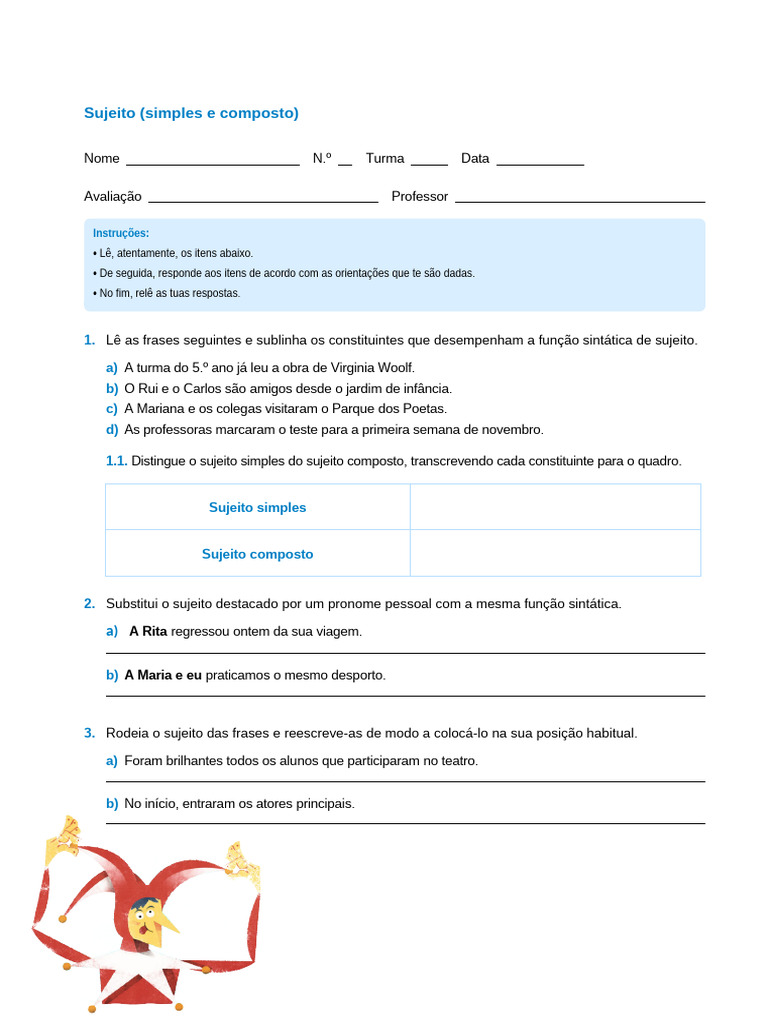 Sujeito Simples e Composto: Atividades 5º Ano | PDF