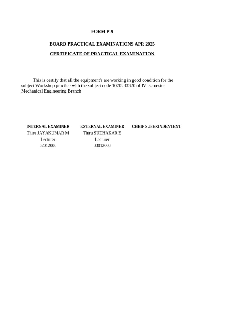 Form P-9 Board Practical Examinations Apr 2025 Certificate of Practical ...