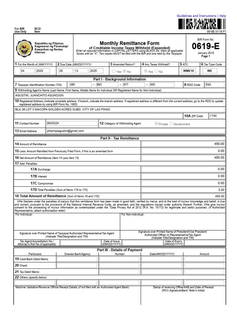 BIR Form 0619-E Remittance Guide | PDF | Payments | Taxes