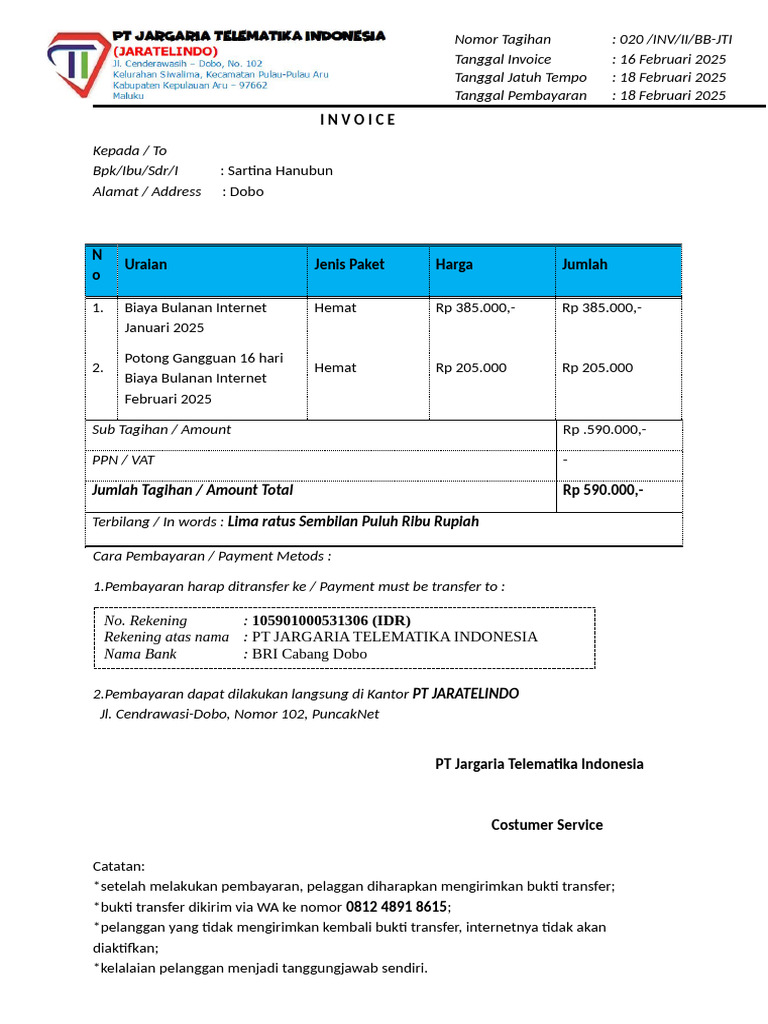 Invoice Internet Bulanan PT Jargaria | PDF
