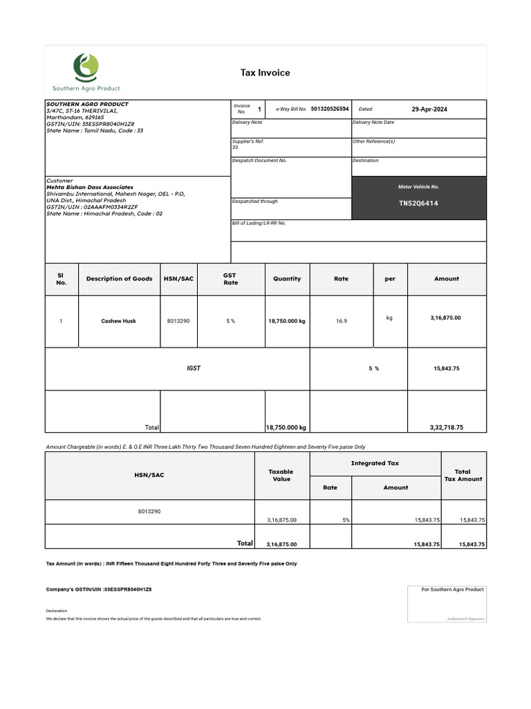 GST Invoice for Southern Agro Product | PDF | Business Documents | Payments