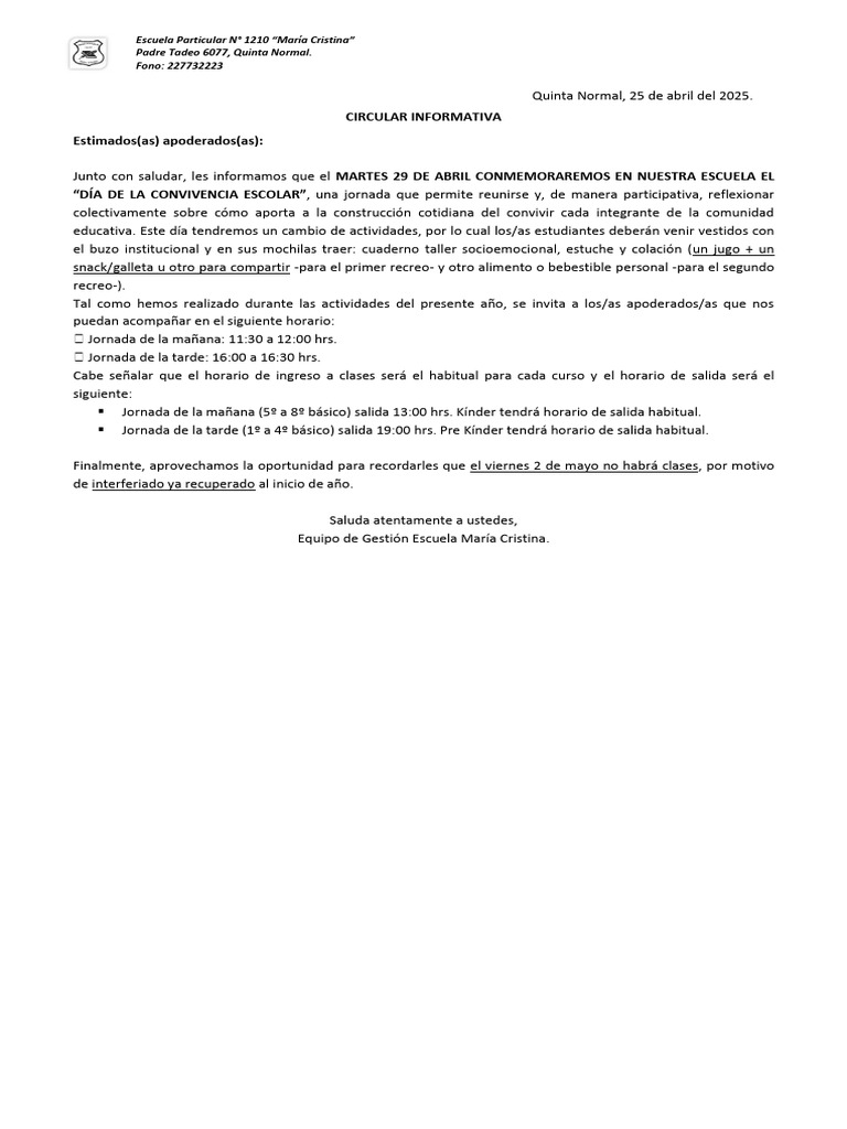 Día de la Convivencia Escolar 2025 | PDF