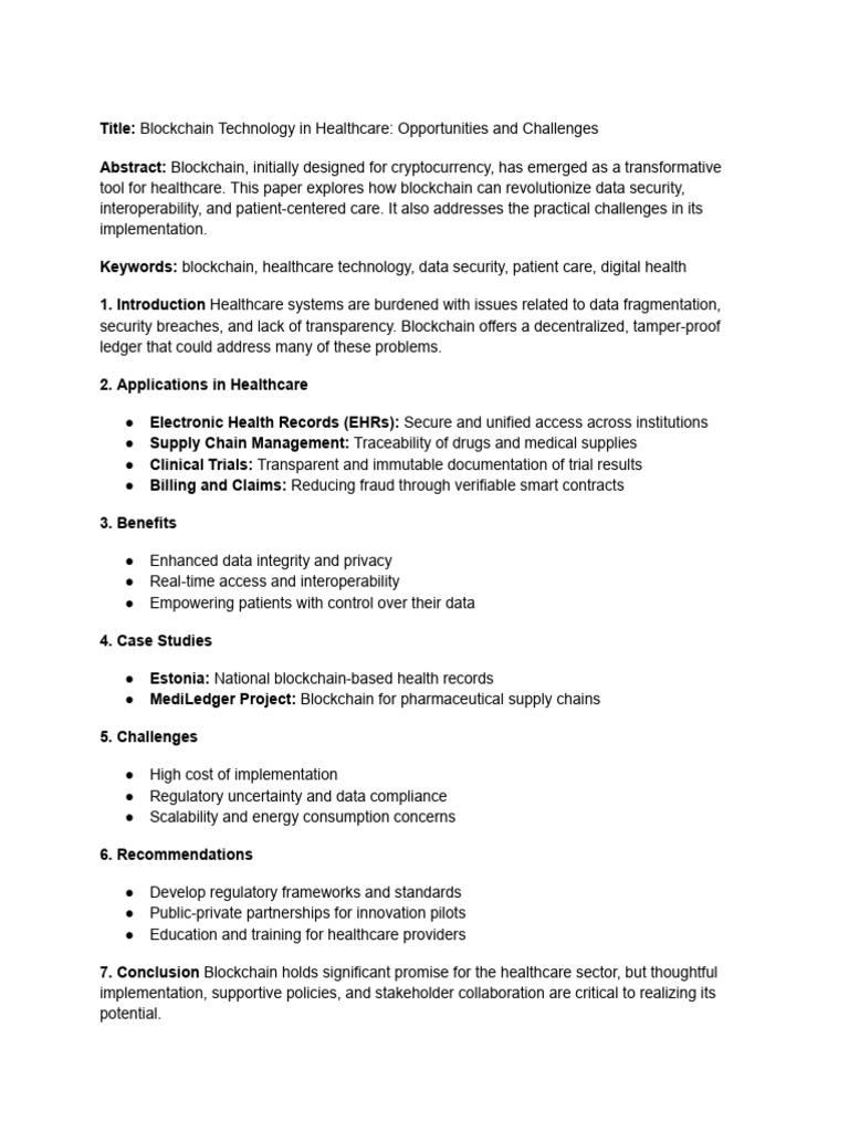 Blockchain Technology in Healthcare - Opportunities and Challenges | PDF