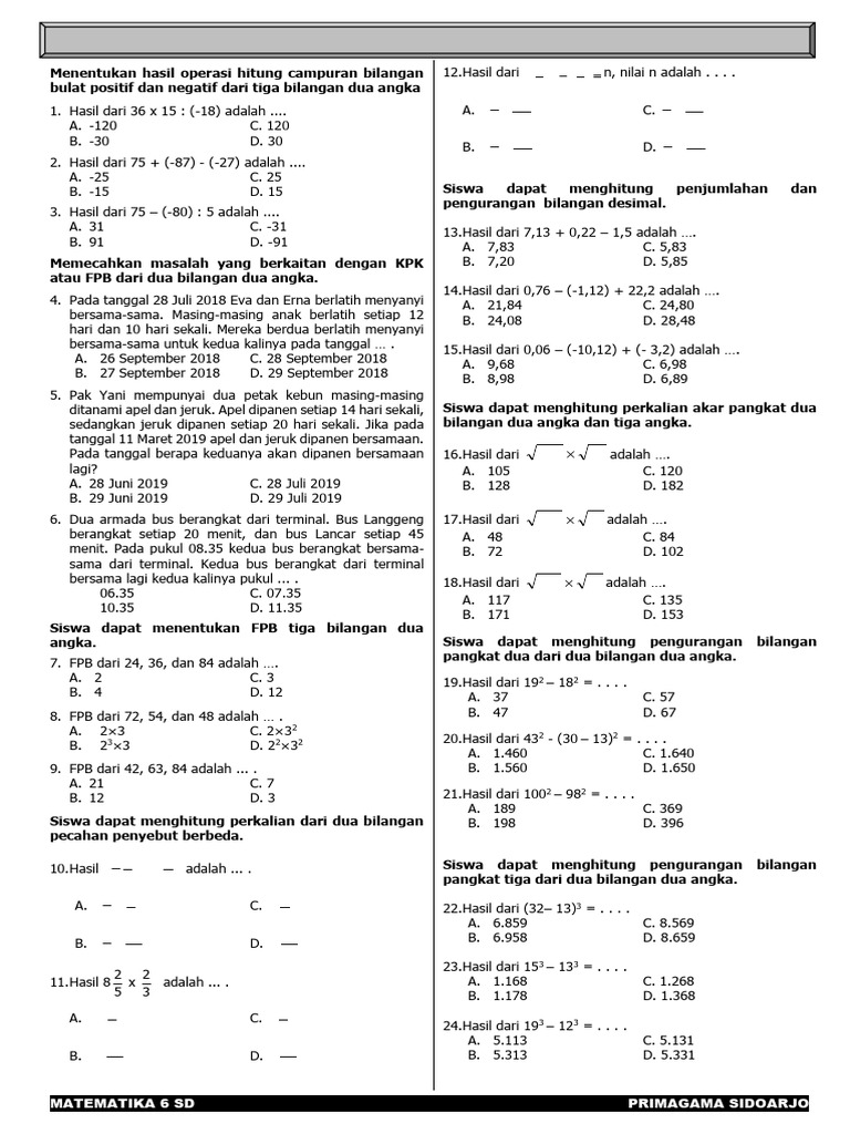 Soal Matematika Kelas 6 SD | PDF