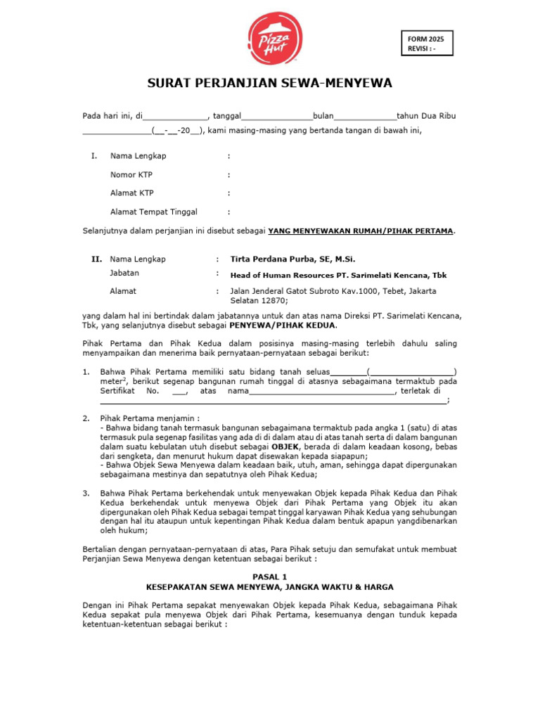 Surat Perjanjian Sewa Menyewa 2025 | PDF