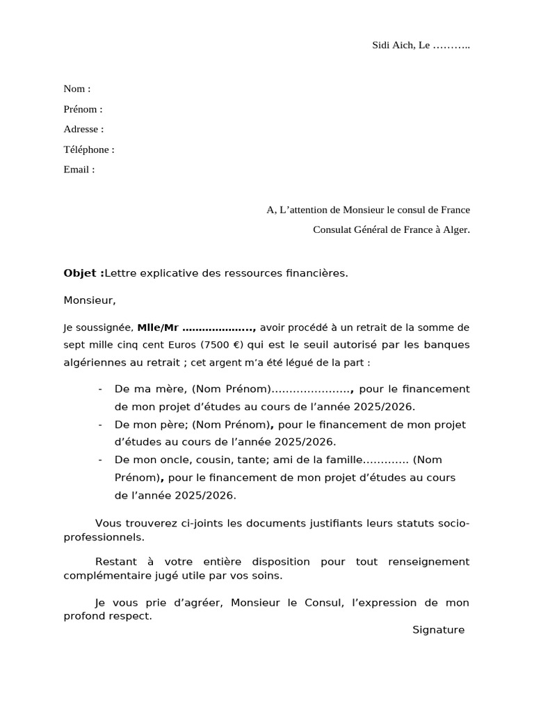 Lettre explicative des ressources financières | PDF