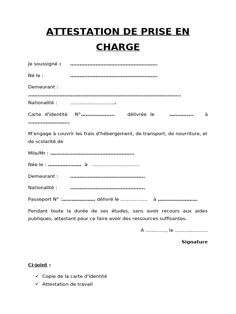 Attestation de Prise en Charge Garant | PDF