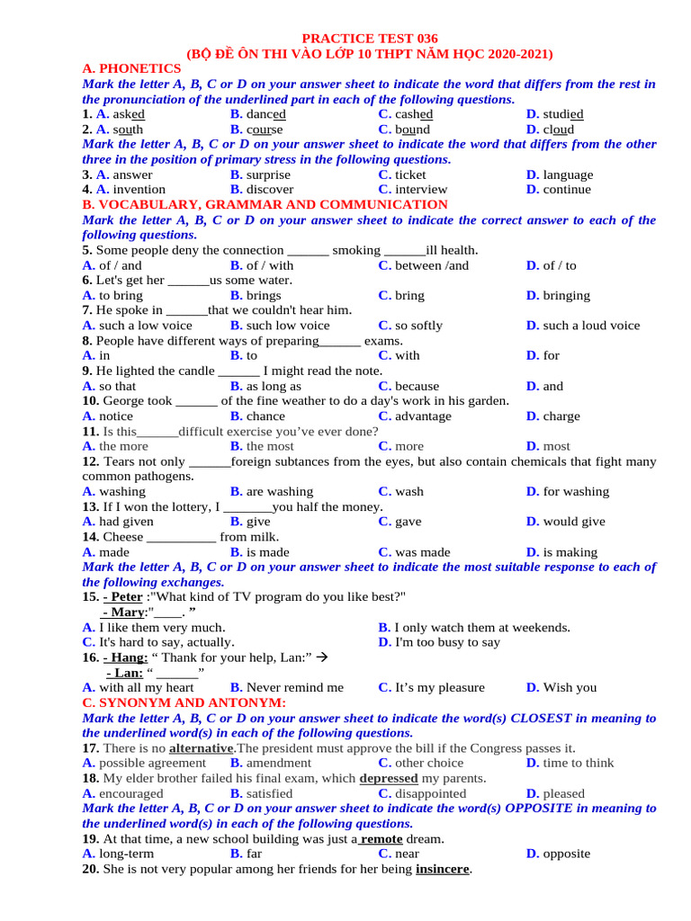 Grade 10 Practice Test 2020-2021 | PDF | Bullying | Cyberbullying
