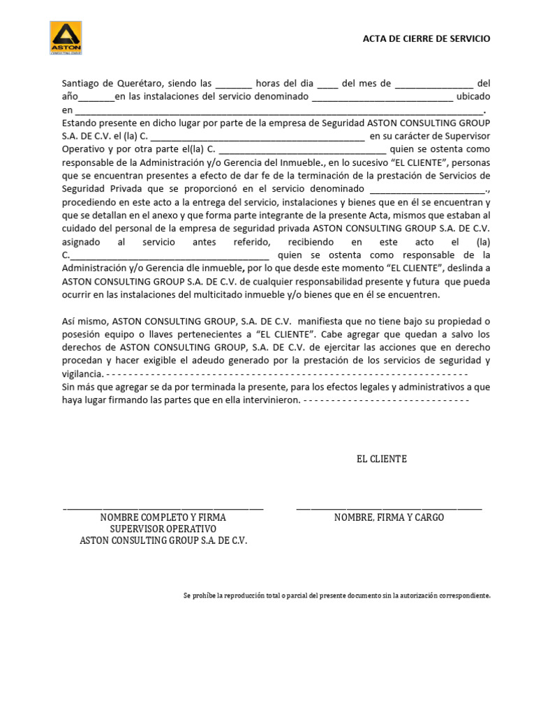 ACTA DE CIERRE DE SERVICIO Generico | PDF
