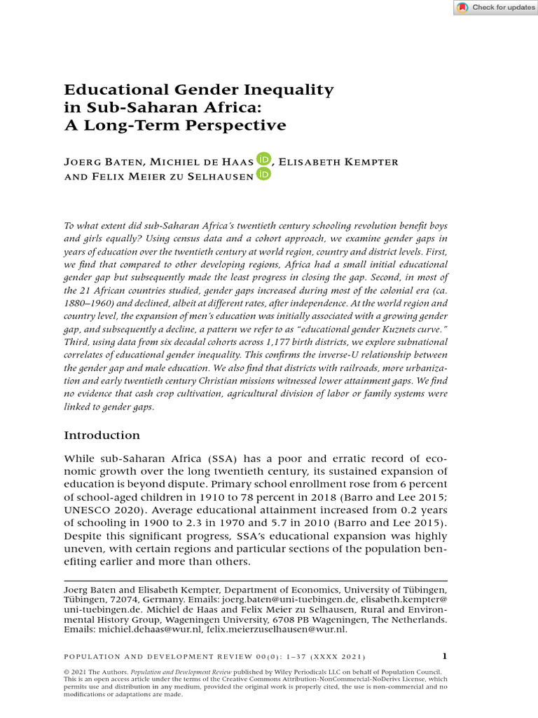 Educational Gender Inequality in Sub-Saharan Afric | PDF | Economic ...
