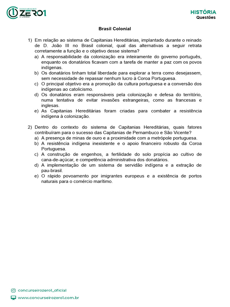 Questões sobre o Brasil Colonial | PDF | Brasil | Escravidão