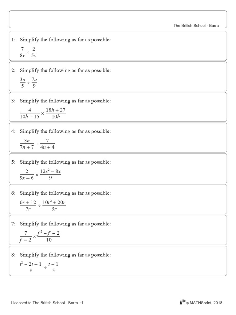MATHSprint 2018 Simplification Exercises | PDF