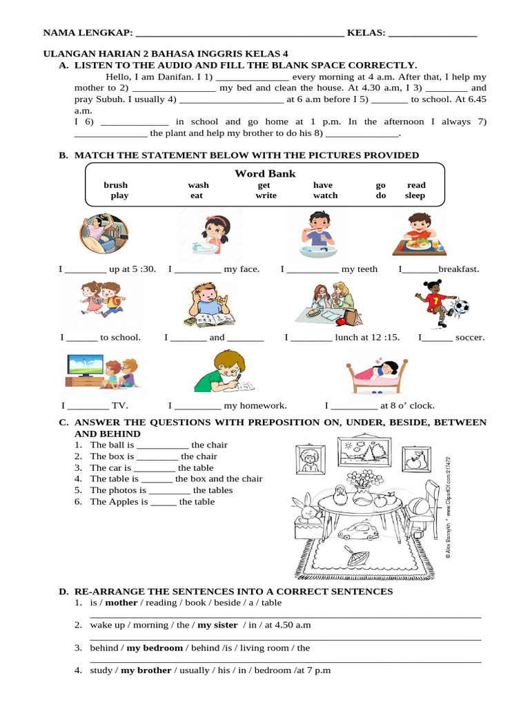 Daily Routine Worksheet for Grade 4 | PDF