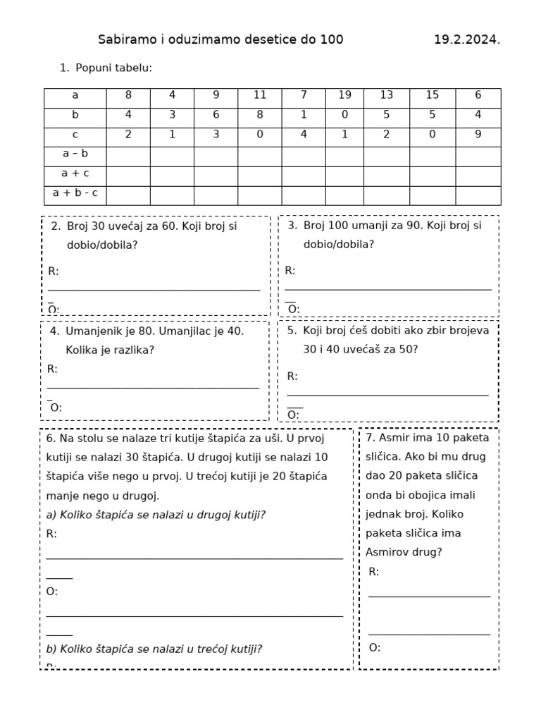 Sabiramo I Oduzimamo Desetice Do 100 | PDF